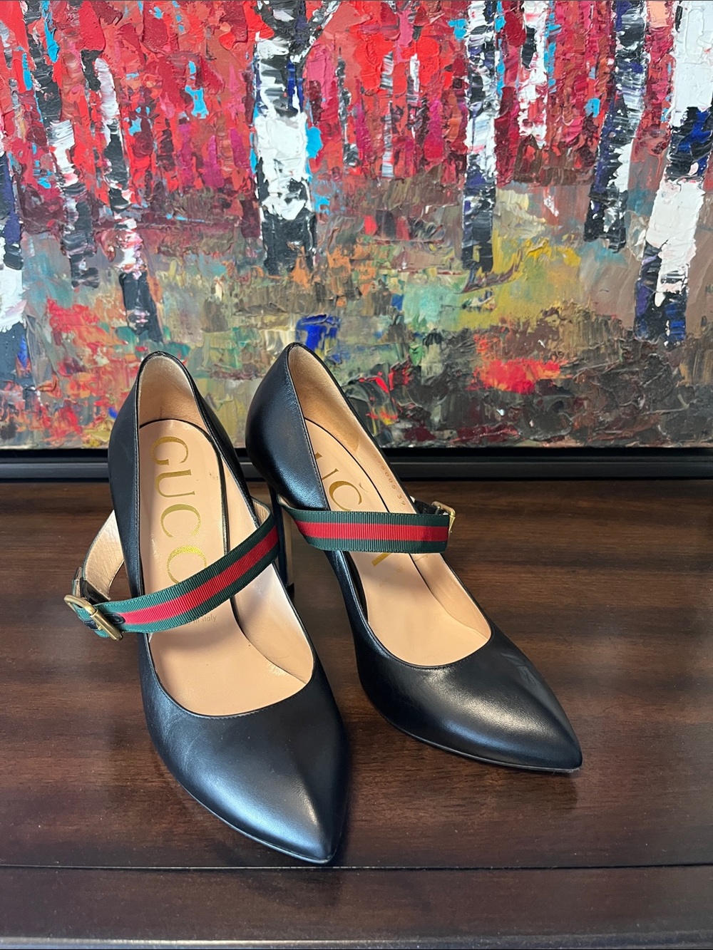 🆕❤️🖤Gucci Black Leather Pointed Mary Jane Pumps with Red and Green Web Strap